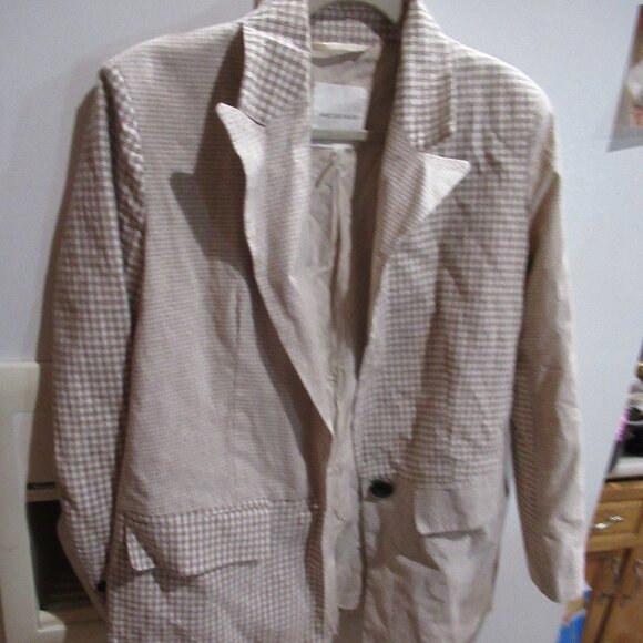 AVEC LES FILLES Mixed Media Double BreastedBlazer beige Plaid Jacket Coat s - Picture 1 of 4